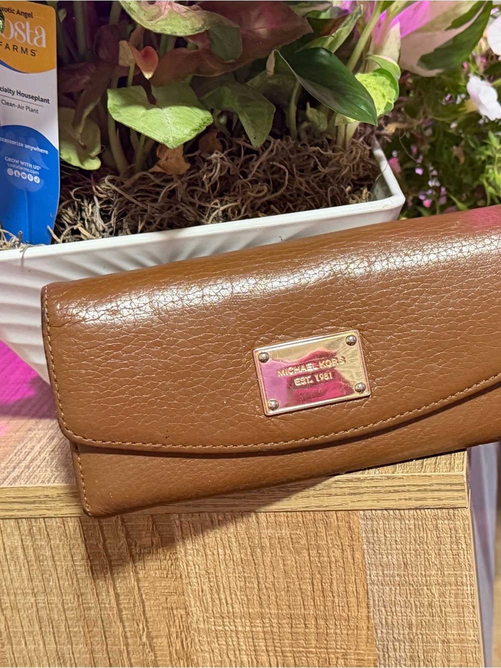 Michael Kors Cognac Brown Leather Clutch Wallet with Gold Plaque